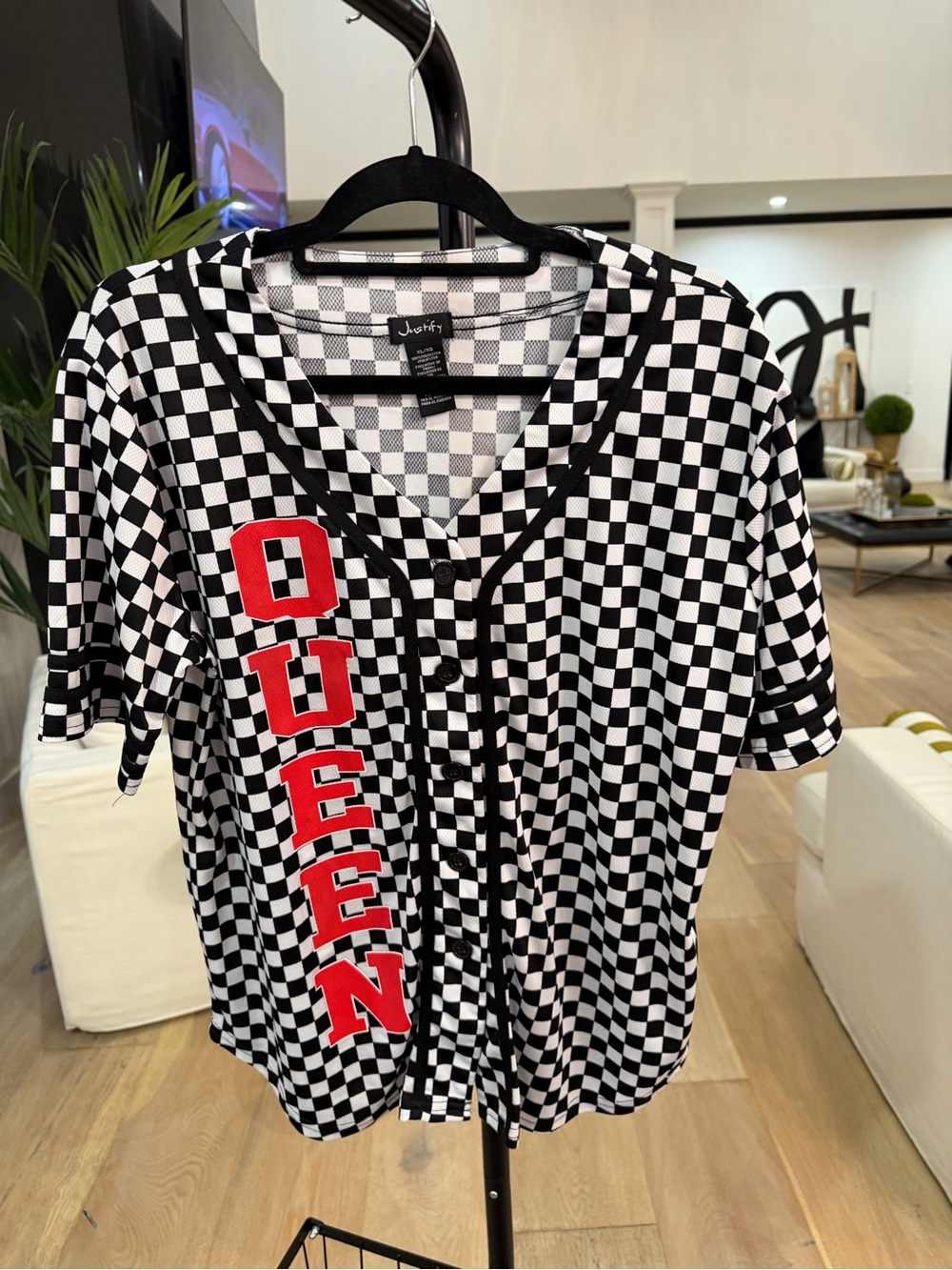 Just Love Black and White Checkered Jersey with Red QUEEN Graphic